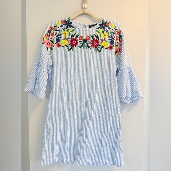 Song of Style Dresses & Skirts - Song of Style Blue White Seersucker Stripe Floral Embroidery Mini Dress Small